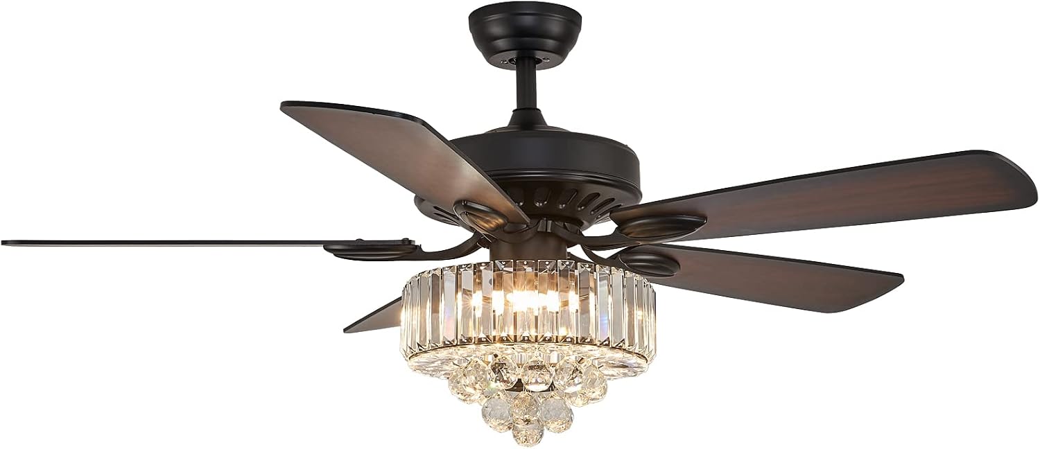NOXARTE 52 Inch Crystal Ceiling Fan with Light, Modern LED Fandelier with Remote, Black Chandelier Fan Reverse Motor Wood Blades with 6 Speeds for Living Dining Room