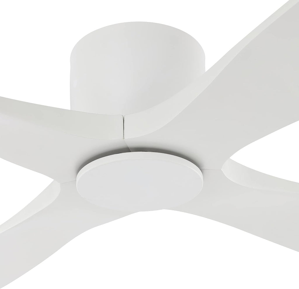 WINGBO 60 Inch Flush Mount DC Ceiling Fan without Lights, 4 Reversible Carved Wood Blades, 6-Speed Noiseless DC Motor, Hugger Ceiling Fan No Lights in Gloss White with White Blades