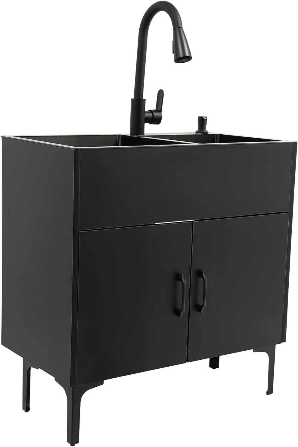 All-in-One Utility Sink & Cabinet, Kitchen Sink and Cabinet Combo Stainless Steel Utility Sink, Black Bathroom Vanity w/Pull-out Faucet & Draining basket for Laundry Utility Room Kitchen Bathroom