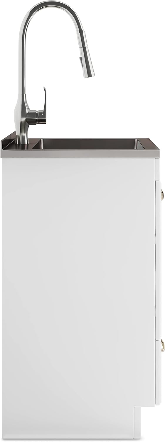 SIMPLIHOME Lawrence All-in-One 24 inch Wide Utility Sink and Laundry Cabinet in Pure White Finish, Transitional Stainless Steel Sink Cabinet for Laundry Rooms with High-Arch Brushed Nickel Faucet