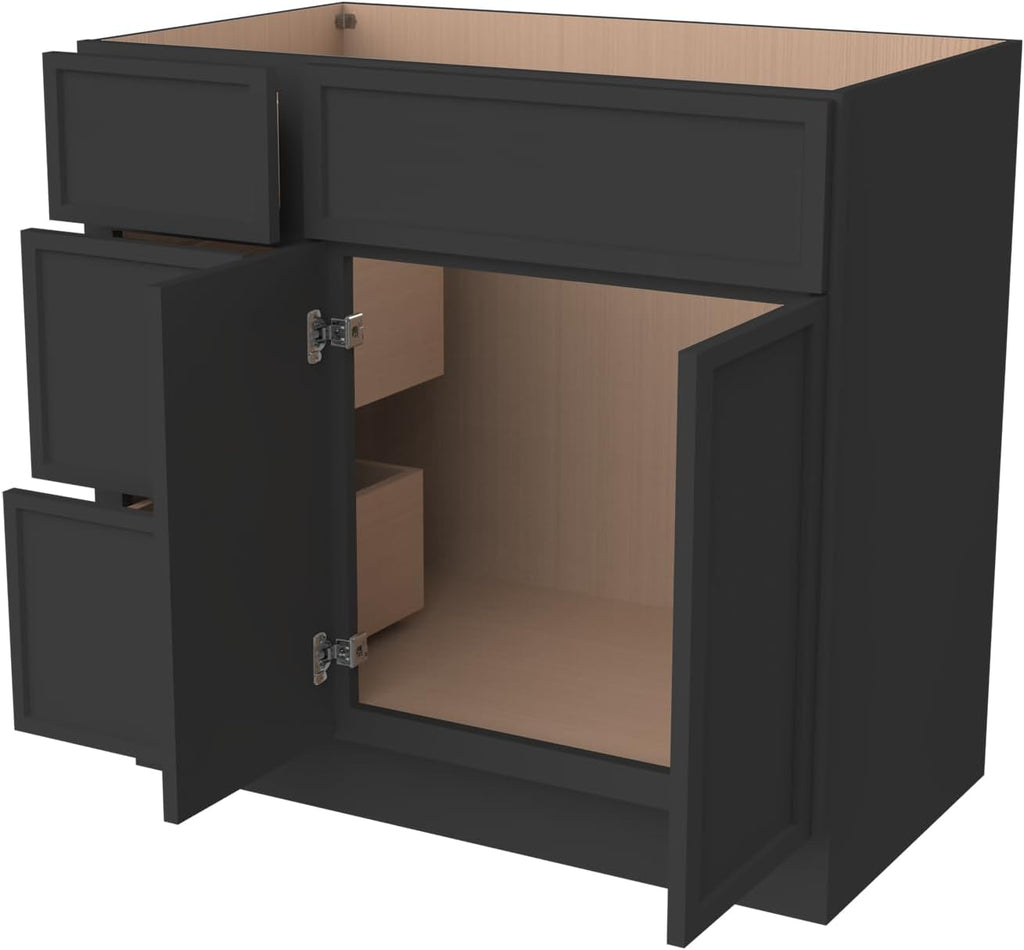 Solid Wood RTA Bathroom Vanity Sink Base Cabinet Sink Storage Cabinet with 2 Doors and 3 Left Drawers, Freestanding Bathroom Cabinet（Charcoal Black, 42'W × 21'D × 34-1/2'H