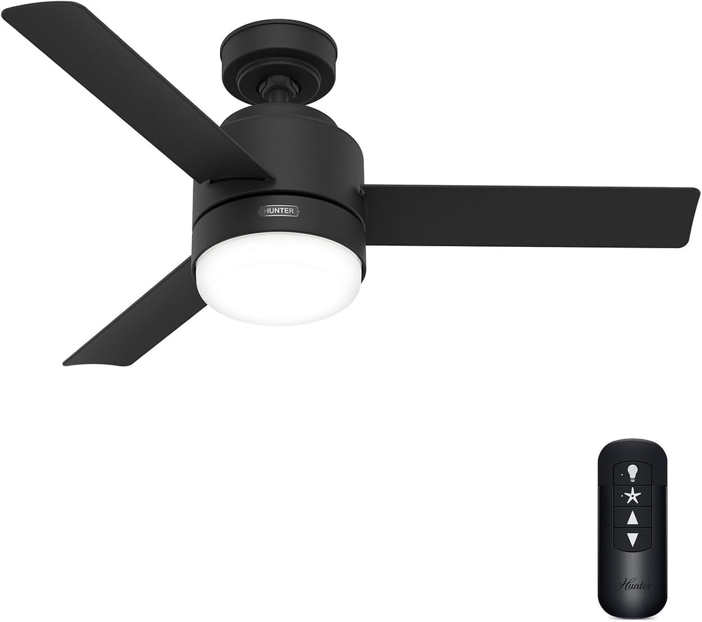 Hunter 44 inch Outdoor or Indoor Ceiling Fan with LED Light and Remote Control- Black Ceiling Fan, Standard Mount, 3 Blades, For Patio, Porch, Garage, or Living Room, Quiet- Gilmour 51844, Matte Black