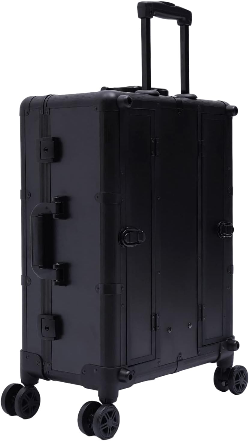 Aluminum Trolley Makeup Train Case with LED Light & Mirror,Professional Cosmetic Travel Box with Retractable Legs, Rolling Lighted Makeup Vanity Station for Travel (Black)