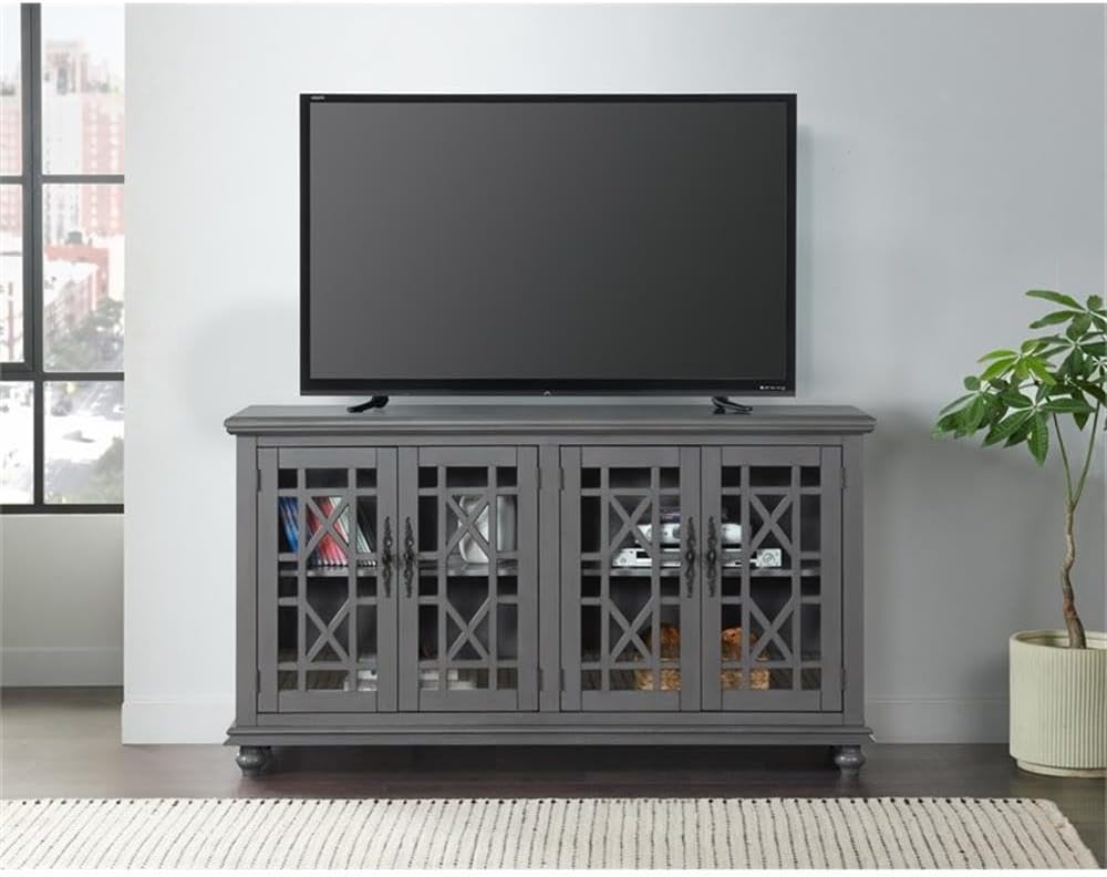 Elegant Gray Wood TV Stand for 50', 55', 60', 65' TVs, Entertainment Center with Doors, Adjustable Shelves, Storage, Media Console, Sideboard, Hallway Accent Chest 63' W x 18' D x 35' H