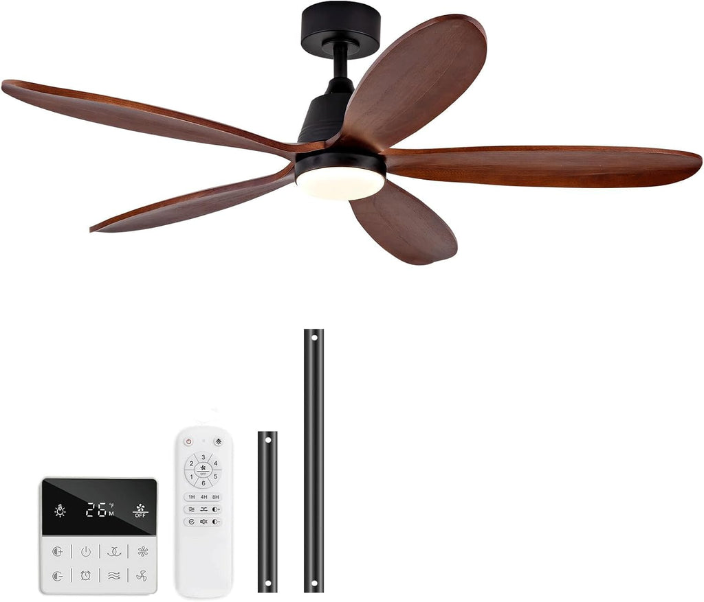 48 Inch Wood Ceiling Fans with Lights and Remote, Modern Outdoor Ceiling Fan with Light for Patio, Dimmable, 5 Blades, Wall Switch, Reversible DC Motor, Memory Function (Black Walnut)
