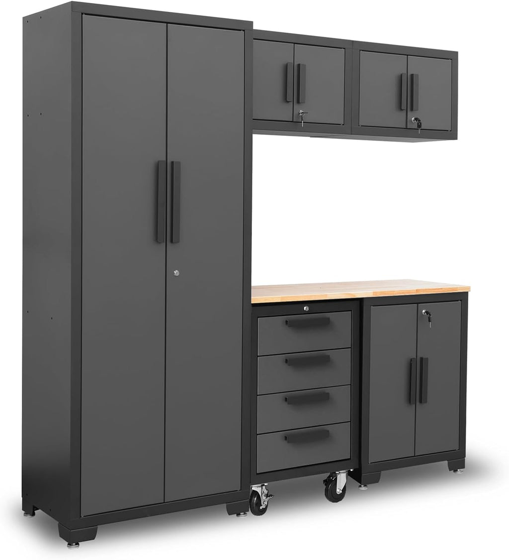 Torin Garage Cabinets Storage System: 6 Piece Set with Lockers and Workbench for Home, Office, Gym, School, Black/Grey,AGPZ112B