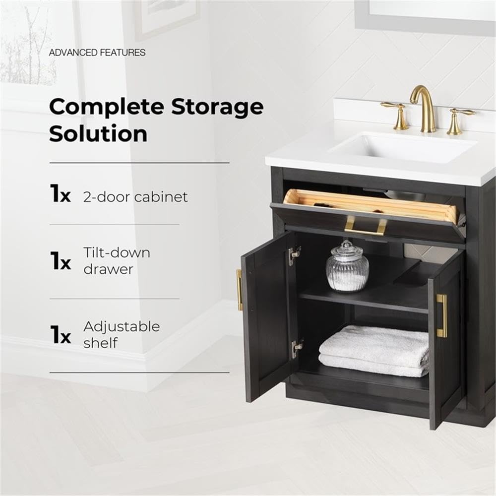 Pemberly Row 30' Bathroom Vanity, Matte Black Wood Frame, White Countertop with Undermount Ceramic Sink, Freestanding Design, Tilt-Down Drawer, Soft-Close Cabinets, Ideal for Half-Baths or En-Suites