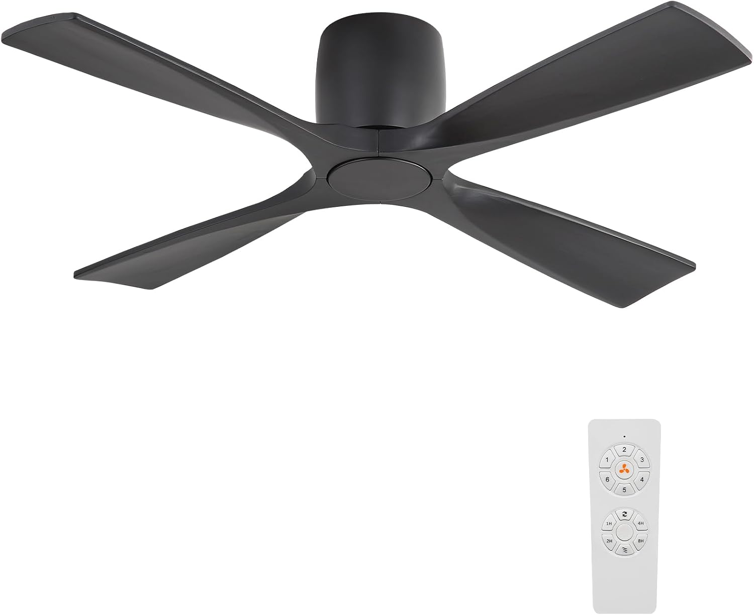 WINGBO 48 Inch Ceiling Fan Without Light,Solid Wood Flush Mount Ceiling Fan with Remote Control, Reversible DC Motor, 4 Blades, 6-Speed Quiet Performance, for Bedroom & Living Room, Black
