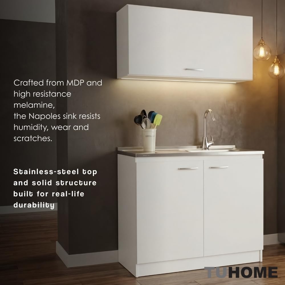 DEPOT E-SHOP Salento Utility Freestanding Sink with Cabinet 35.4' H x 39.3' W - Double Door, Two Shelves, Metal Handles, Aluminum Countertop, White, with Integrated Steel Sink