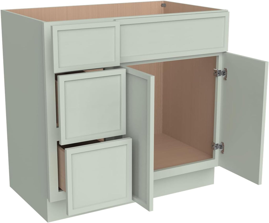 Solid Wood RTA Bathroom Vanity Sink Base Cabinet Sink Storage Cabinet with 2 Doors and 3 Left Drawers, Freestanding Bathroom Cabinet（Jade Green, 36'W × 21'D × 34-1/2'H