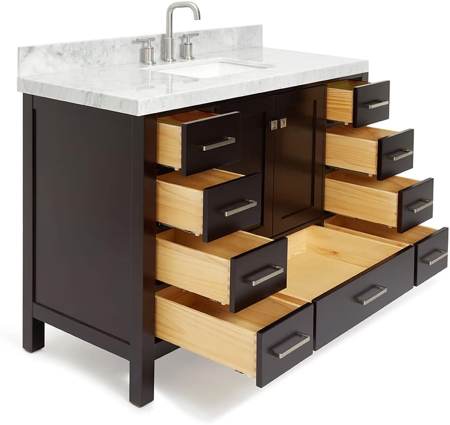 ARIEL Cambridge 48-inch Bathroom Vanity with Sink,Solid Wood, 2-inch Italian Carrara Marble Countertop, Single Rectangular Porcelain Sink, 2 Soft Closing Doors, 9 Dovetail Drawers, Espresso