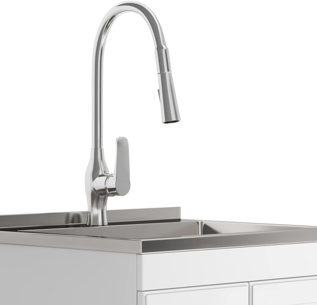 SIMPLIHOME Lawrence All-in-One 24 inch Wide Utility Sink and Laundry Cabinet in Pure White Finish, Transitional Stainless Steel Sink Cabinet for Laundry Rooms with High-Arch Brushed Nickel Faucet