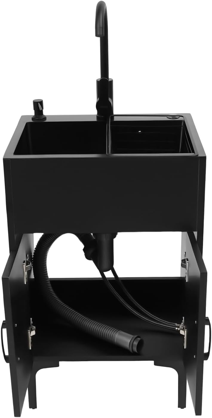 20-Inch Laundry Sink with Cabinet and Hot & Cold Faucet, Stainless Steel Utility Sink with Cabinet, Black Cabinet with Single Bowl Sink for Laundry & Utility Room, Kitchen, Bathroom, Basement