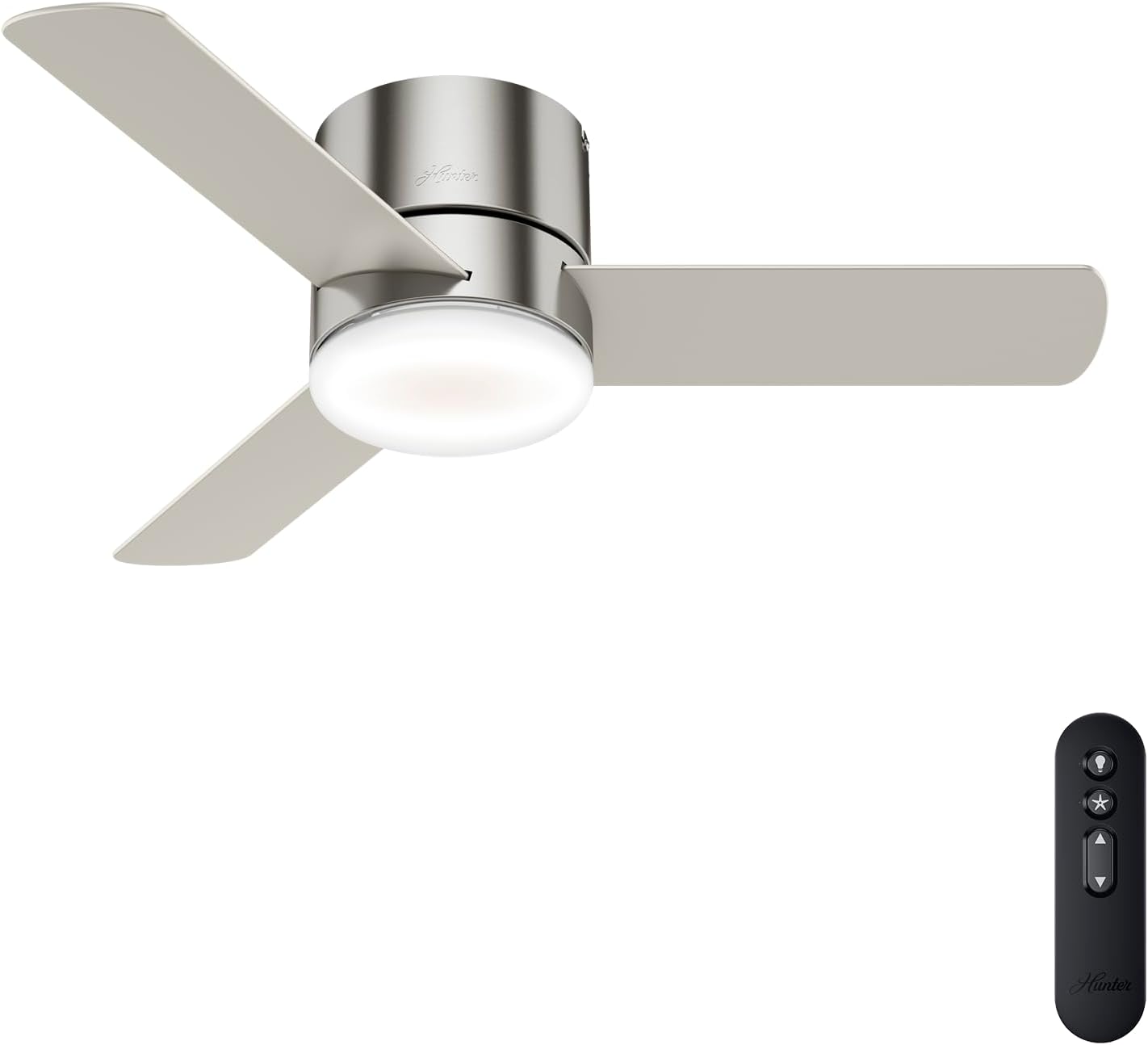 Hunter 44 inch Indoor Ceiling Fan with Light and Remote Control - For Bedroom or Living Room, Low Profile Flush Mount, Modern Ceiling Fan with LED Light, Quiet, 3 Blades- Minimus 59454, Brushed Nickel