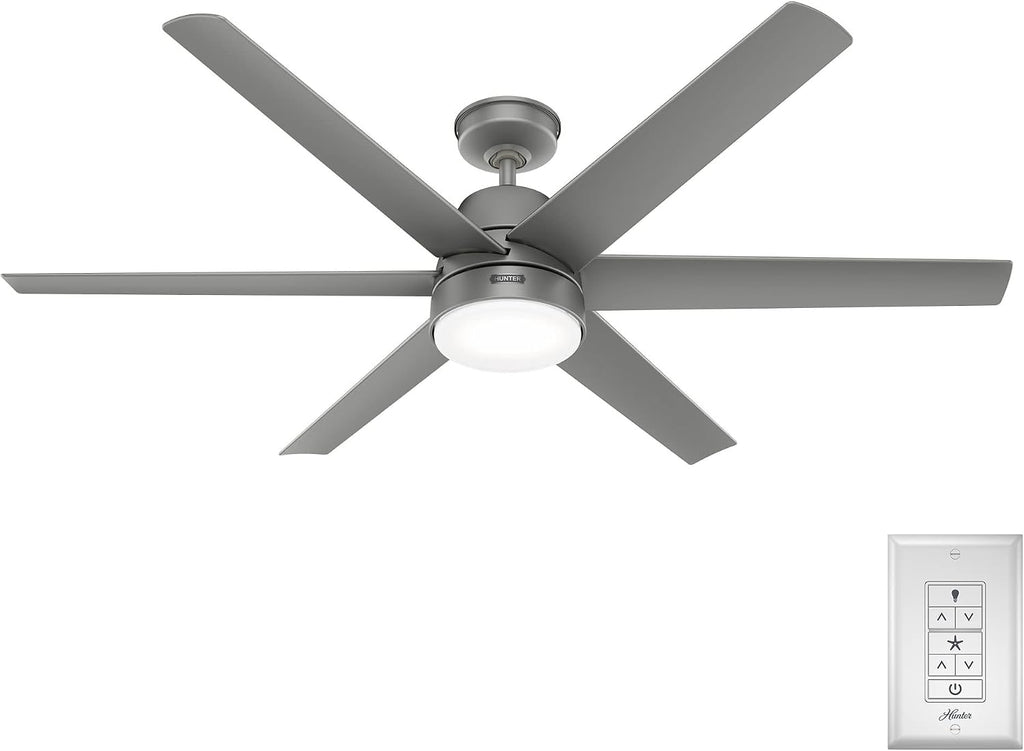 Hunter 60 inch Outdoor or Indoor Ceiling Fan with LED Light - Ceiling Fan with Wall Control, For Patio, Garage, or Porch, Quiet, Standard Mount, 6 Blades - Skysail 51876, Matte Silver