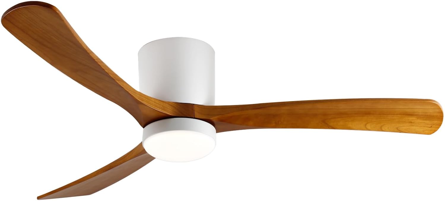 GESUM Ceiling Fan With Light, 52' Flush Mount Ceiling Fan with 3 Wood Blades, Reversible,Dimmable, for Living Room Kitchen Bedroom(White+Wood)