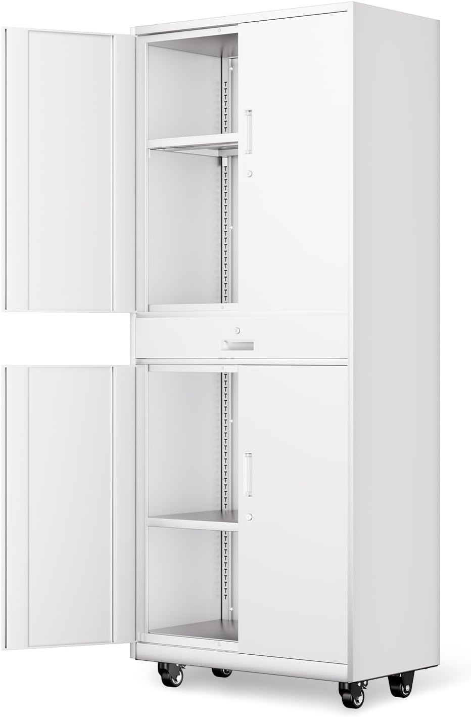 DNA Motoring Metal Storage Cabinet, 73'' Rolling Garage Cabinet with 1 Drawer and Adjustable Shelves, Lockable Cabinet Heavy Duty Utility Cabinet for Garage,Office,Home,Gym, White, TOOLS-00630-WH-WH