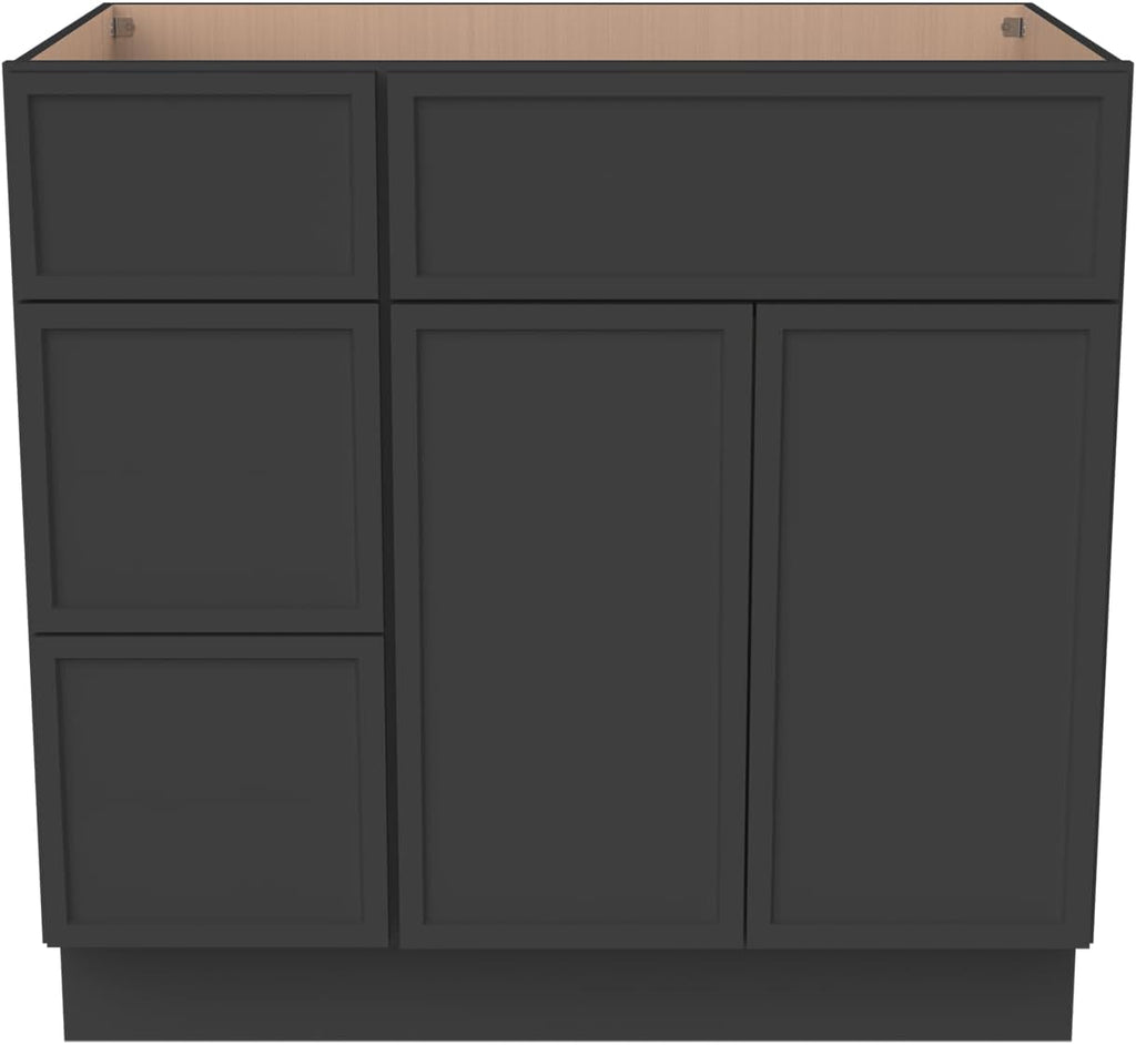 Solid Wood RTA Bathroom Vanity Sink Base Cabinet Sink Storage Cabinet with 2 Doors and 3 Left Drawers, Freestanding Bathroom Cabinet（Charcoal Black, 42'W × 21'D × 34-1/2'H