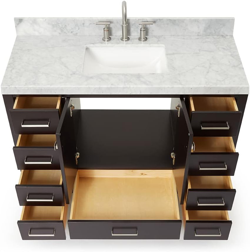 ARIEL Cambridge 48-inch Bathroom Vanity with Sink,Solid Wood, 2-inch Italian Carrara Marble Countertop, Single Rectangular Porcelain Sink, 2 Soft Closing Doors, 9 Dovetail Drawers, Espresso