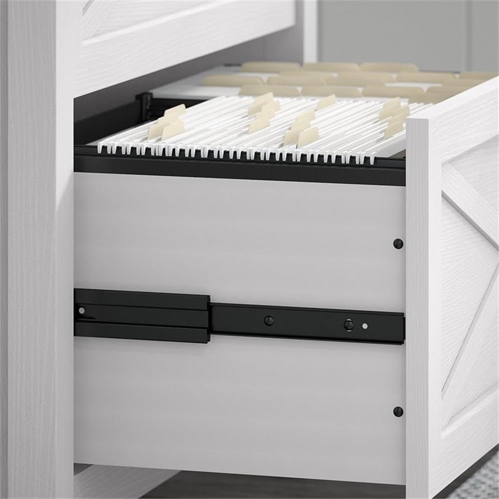 Bush Home Key West 60W L Shaped Desk with File Cabinets and 5 Shelf Bookcase in Pure White Oak