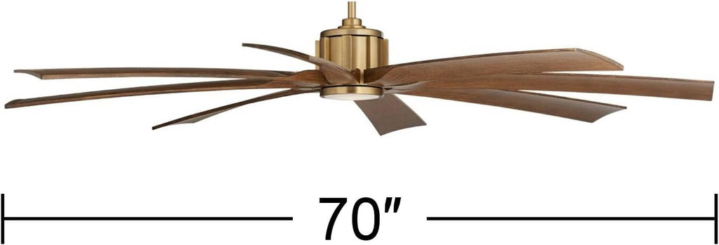 Possini Euro Design 70' Defender Large Modern Indoor Outdoor Ceiling Fan 8 Blade LED Light Remote Control Soft Brass Finish Motor Brown Koa Finish Blades Bedroom Patio Living Room Damp Rated