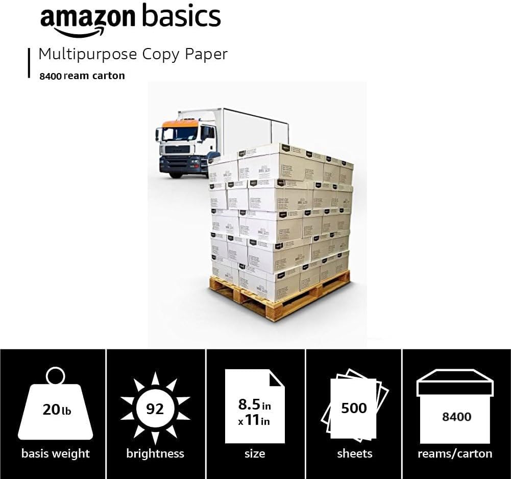 Amazon Basics Multipurpose Copy Printer Paper, 8.5 x 11 Inches, 20 lb, 92 Bright, White, Truckload, 21 Pallet, 8,400 Reams (4.2M Sheets)