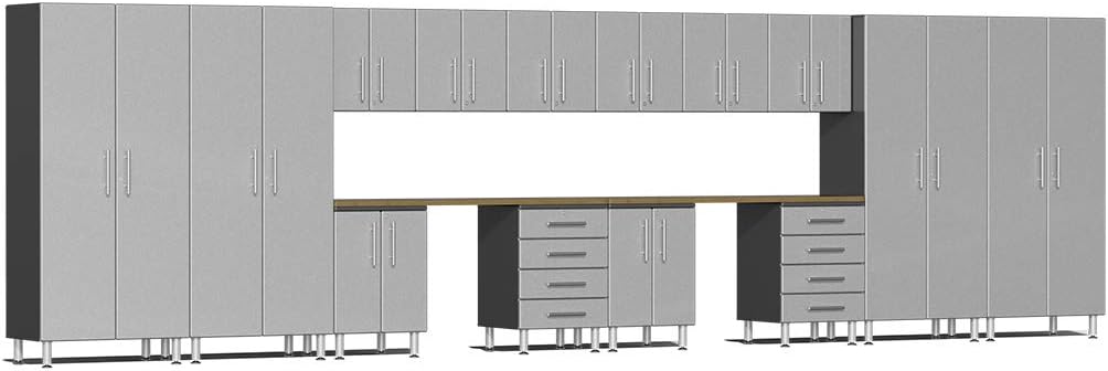 Ulti-MATE UG22162S 16-Piece Garage Cabinet Kit with Bamboo Worktops in Stardust Silver Metallic