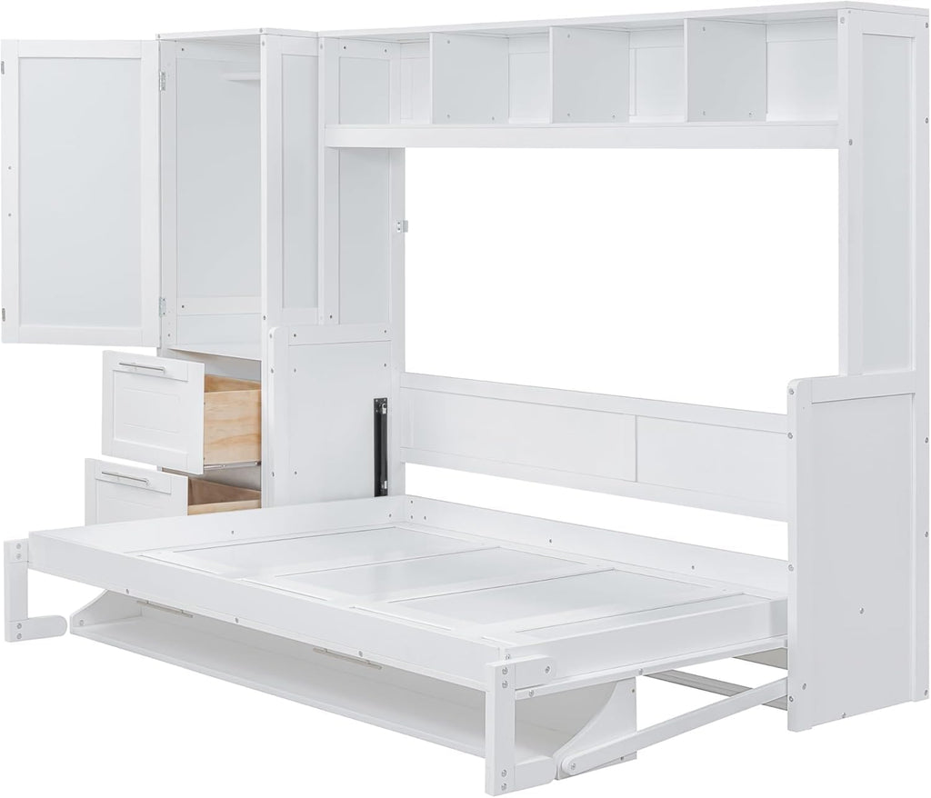 MERITLINE Queen Murphy Bed with Storage Shelves and Wardrobe Closet,Wood Folding Murphy Wall Bed Cabinet with Drawers,for Bedroom Office Guest Room,Foldable