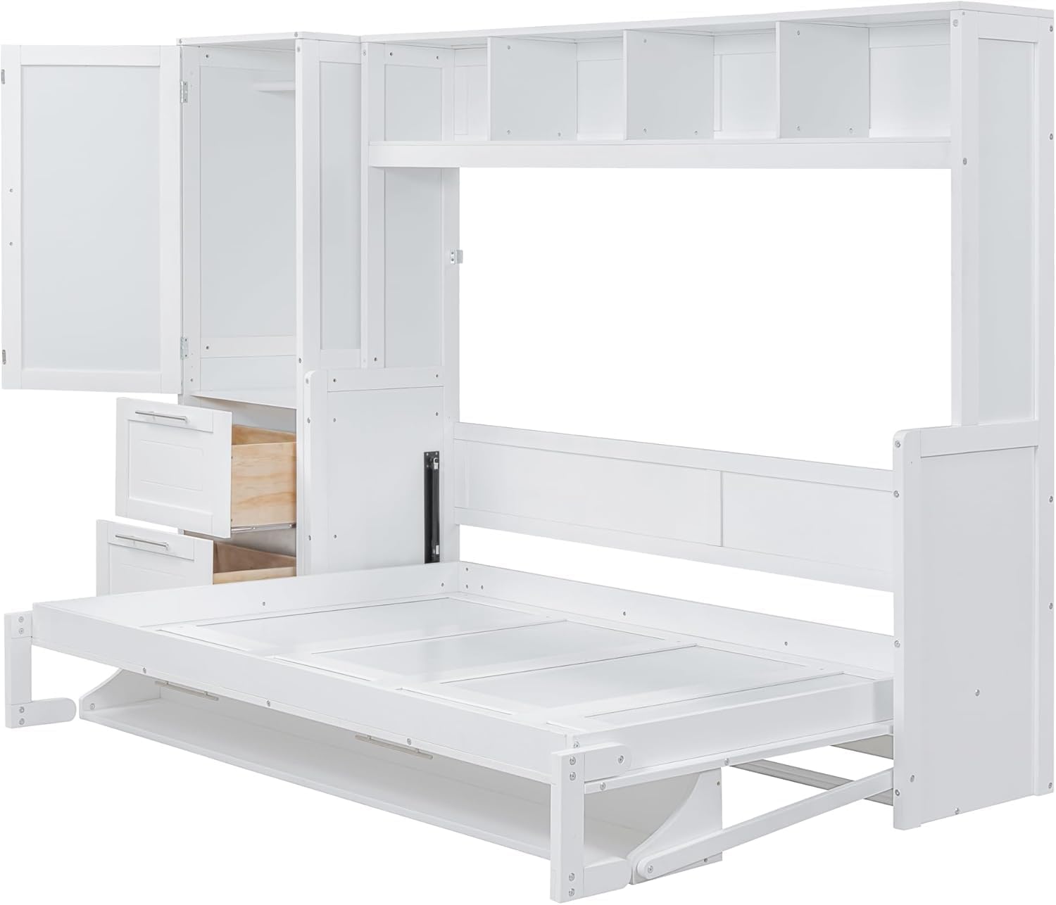 MERITLINE Queen Murphy Bed with Storage Shelves and Wardrobe Closet,Wood Folding Murphy Wall Bed Cabinet with Drawers,for Bedroom Office Guest Room,Foldable
