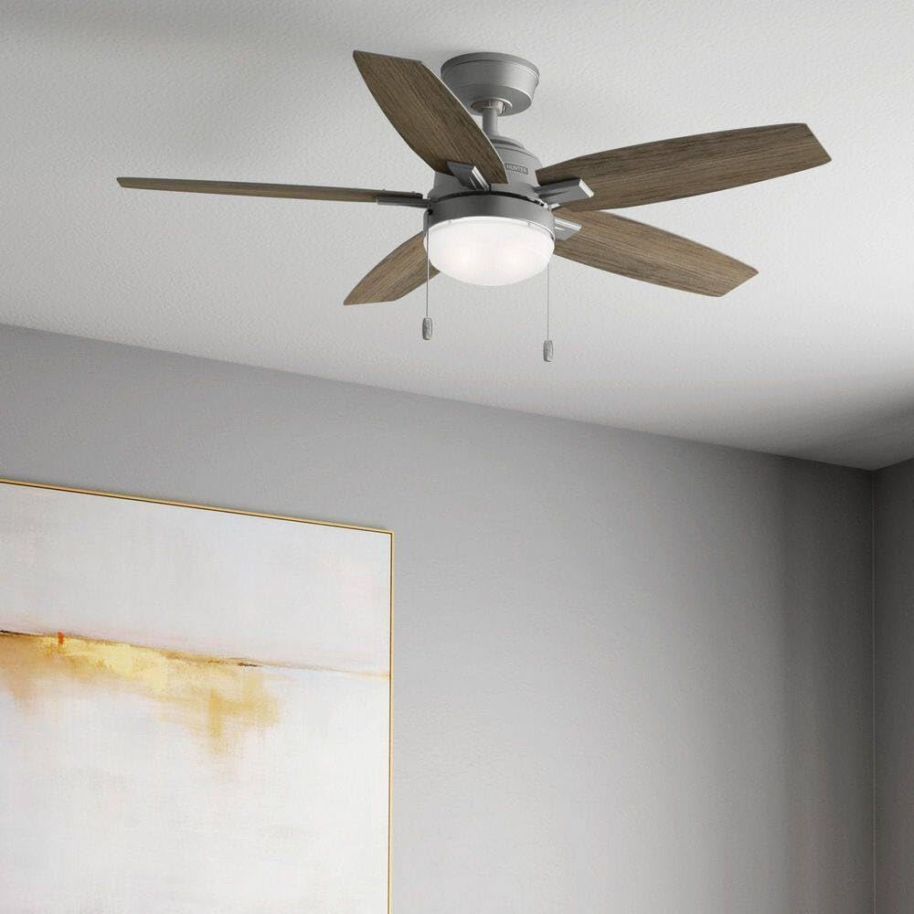 Hunter Fan 52 inch Indoor Ceiling Fan with LED Light, Matte Silver Ceiling Fan with Pull Chain, for Bedroom, Kitchen, Living Room, Laundry Room, No Remote, 5 Blades (Renewed)