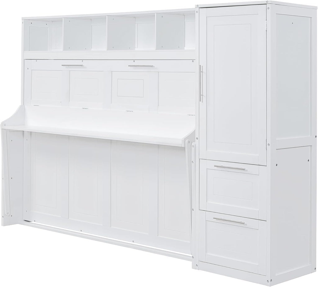 MERITLINE Queen Murphy Bed with Storage Shelves and Wardrobe Closet,Wood Folding Murphy Wall Bed Cabinet with Drawers,for Bedroom Office Guest Room,Foldable