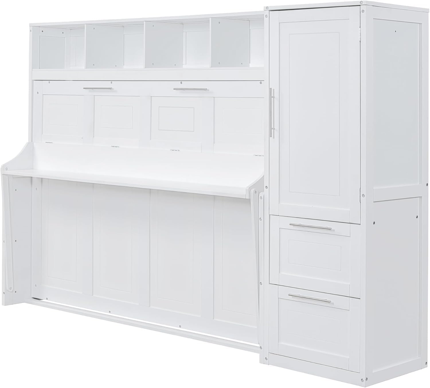 MERITLINE Queen Murphy Bed with Storage Shelves and Wardrobe Closet,Wood Folding Murphy Wall Bed Cabinet with Drawers,for Bedroom Office Guest Room,Foldable