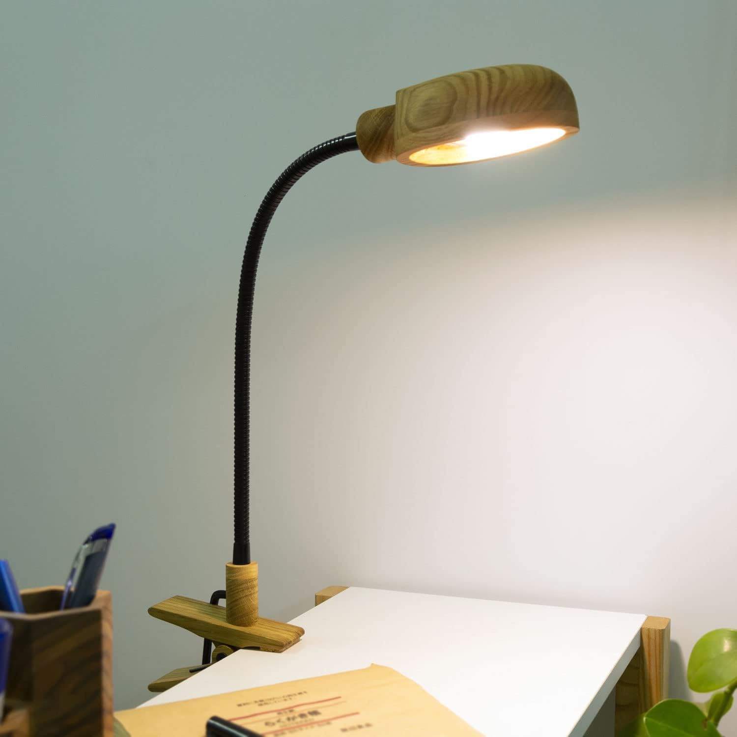 Wooden Clamp Table Lamp - Led Wood Desk Modern Lamps for Reading. Vintage Unique Bedside Clip Light for Living Room, Bedroom, Office. Mid-Century Scandinavian Design.