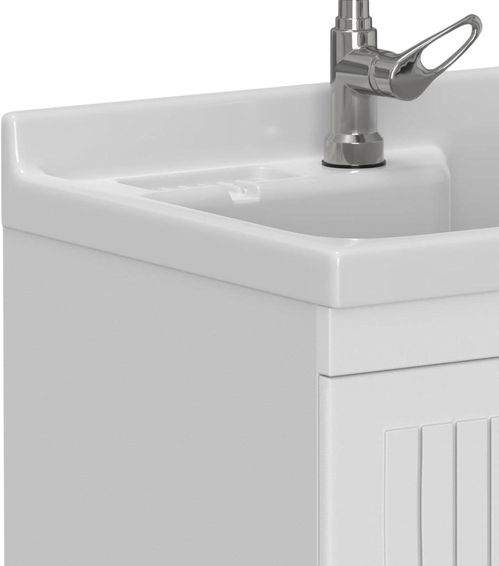 SIMPLIHOME Murphy All-in-One 28 inch Wide Utility Sink and Laundry Cabinet in Pure White Finish, Transitional ABS Sink Cabinet for Laundry Rooms with High-Arch Chrome Faucet and Pull-Out Spray