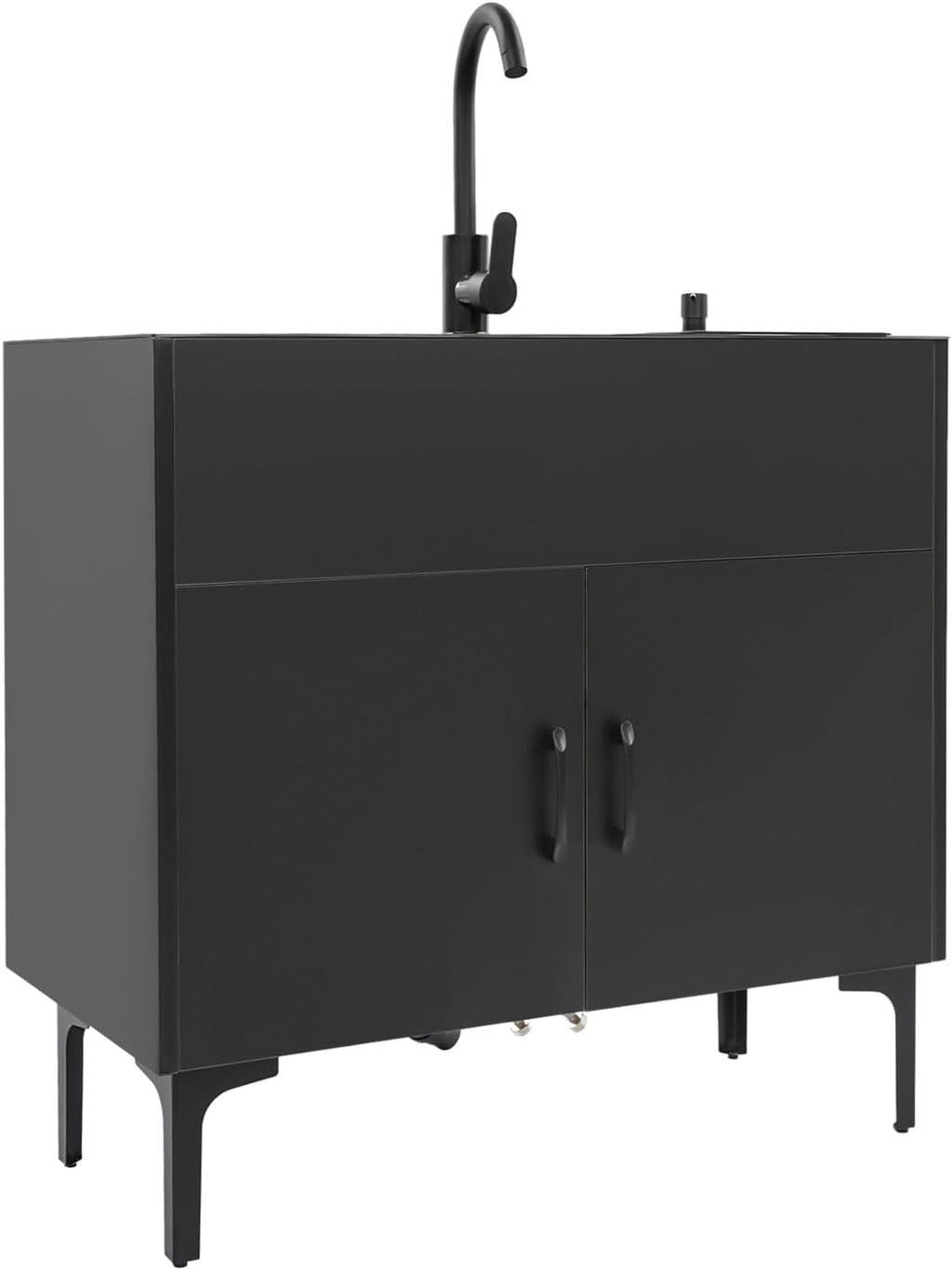 Laundry Sink Cabinet with Stainless Steel Sink and Cold & Hot Faucet, Utility Sink for Laundry/Utility Room, 32 Inch Double Bowl for Bathroom Kitchen and Outdoor, Black