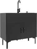 Laundry Sink Cabinet with Stainless Steel Sink and Cold & Hot Faucet, Utility Sink for Laundry/Utility Room, 32 Inch Double Bowl for Bathroom Kitchen and Outdoor, Black