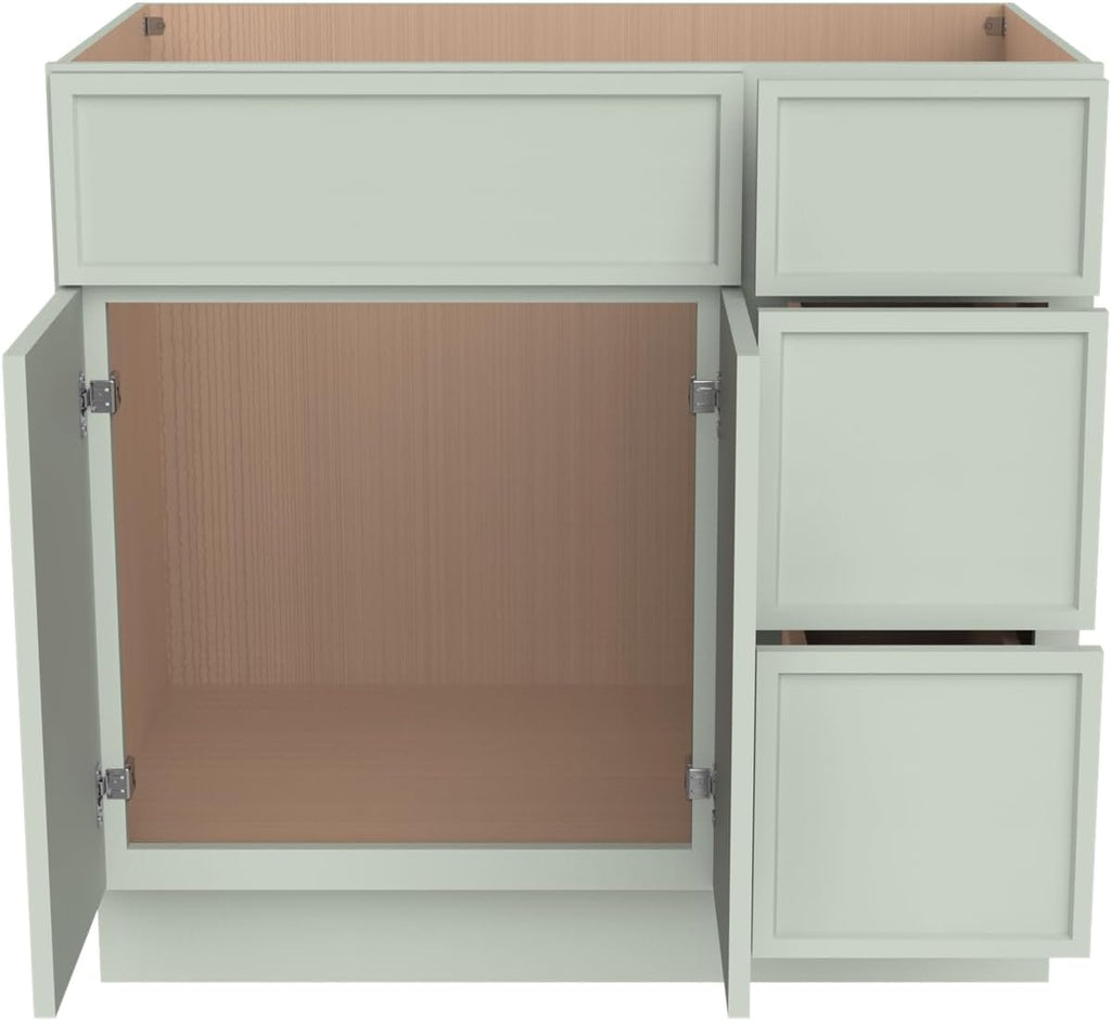 Solid Wood RTA 42' Bathroom Vanity Single-Sink Drawer Base Cabinet Sink Storage Cabinet with Soft-Close 2 Doors and 3 Right Drawers (NT-Jade Green, 42' W × 21' D × 34-1/2'H)
