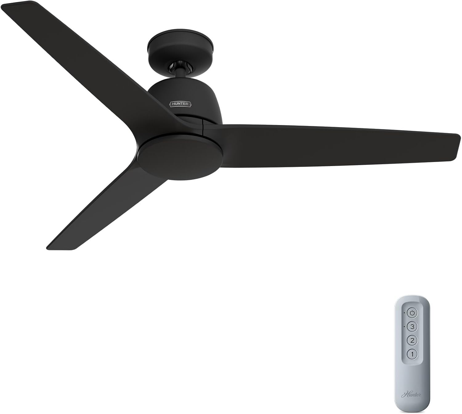 Hunter 52 inch Indoor Ceiling Fan No Light with Remote Control - Black Ceiling Fan without Light, Standard Mount, 3 Blades, For Bedroom, Living Room, or Kitchen - Malden 52606, Matte Black