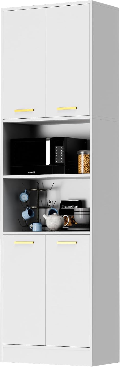 Cozy Castle Kitchen Pantry Cabinet, 75' Tall Wood Storage Cabinet with Doors and Shelves, 4 Doors Open Countertop Utility Hutch Cupboard for Dining Room Living Room Bathroom Furniture, White
