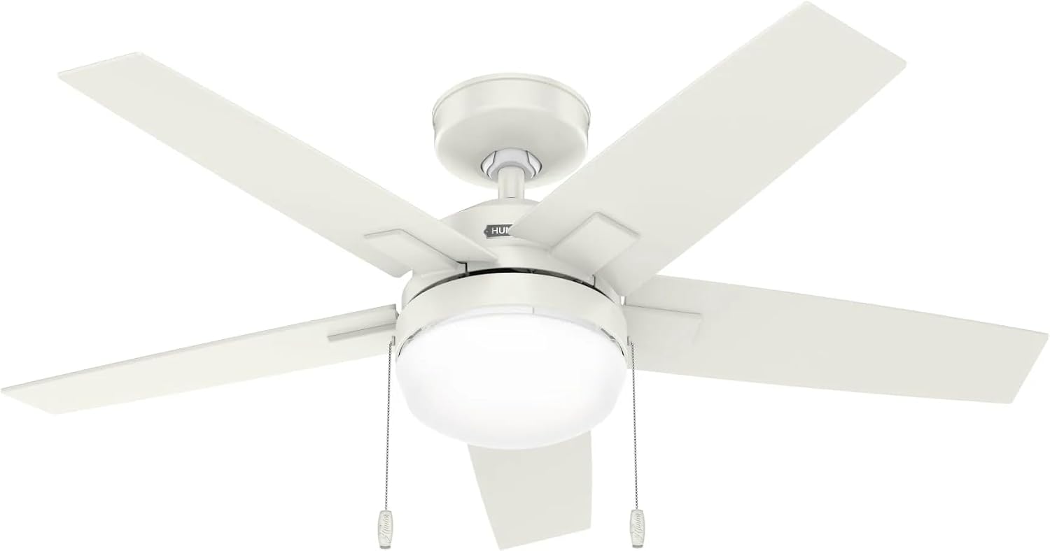 Hunter Fan 44 inch Indoor Ceiling Fan with LED Light, White Ceiling Fan with Pull Chain, For Bedroom,Office, Kitchen, Living Room, 5 Blades (Renewed)