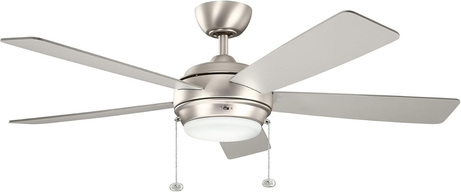 Kichler Starkk 52' Ceiling Fan with LED Lights in Brushed Nickel, 5-Blade Traditional Fan with reversible Silver/Walnut blades, 3000K, (52' W x 13.75' H), 330174NI