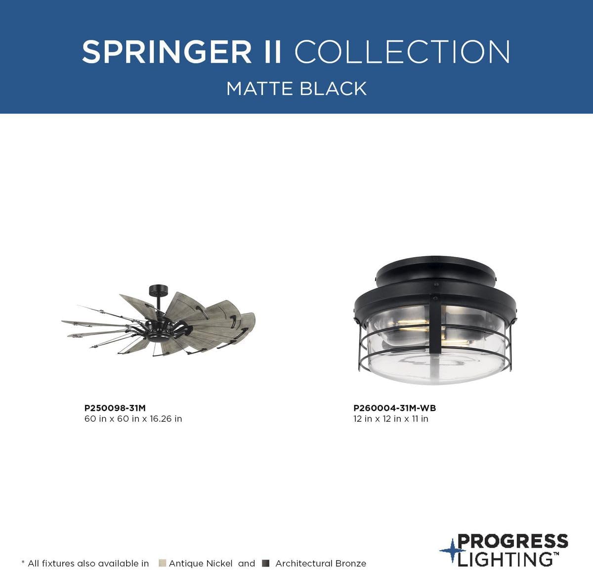 Progress Lighting P250098-31M Springer II - 12 Blade Ceiling Fan In Farmhouse Style-16.26 Inches Tall and 60 Inches Wide, Finish Color: Matte Black