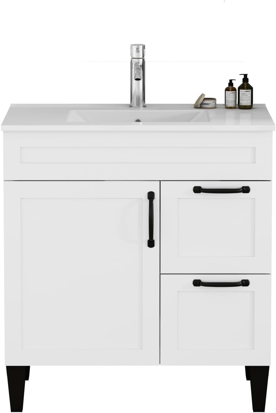 31.5-inch Bathroom Vanity with Sink Combo White Ceramic Basin Medium Bathrooms, Family Powder Rooms, En Suites Modern Upgrade