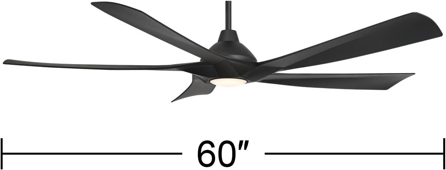 Possini Euro Design 60' Eloquent Modern Indoor Outdoor Ceiling Fan 5 Blade LED Light Remote Control Matte Black Finish Blades Bedroom Patio Living Room Kitchen Porch Damp Rated Decorative DC Motor