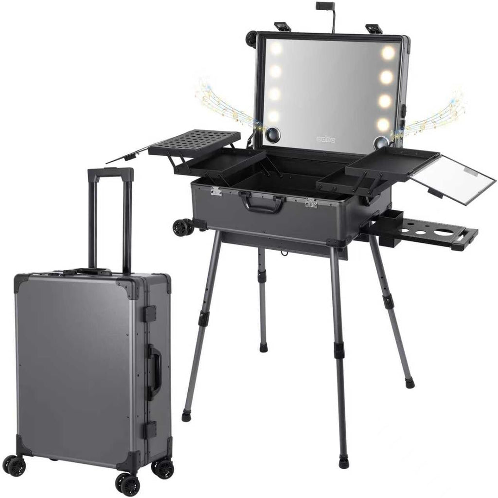 Rolling Makeup Train Case with Lighted Mirror and Bluetooth Speaker Professional Cosmetic Organizer Case with Wheels, Stands Portable Makup Station Vanity for Travel (Gray, Large)