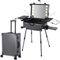 Rolling Makeup Train Case with Lighted Mirror and Bluetooth Speaker Professional Cosmetic Organizer Case with Wheels, Stands Portable Makup Station Vanity for Travel (Gray, Large)