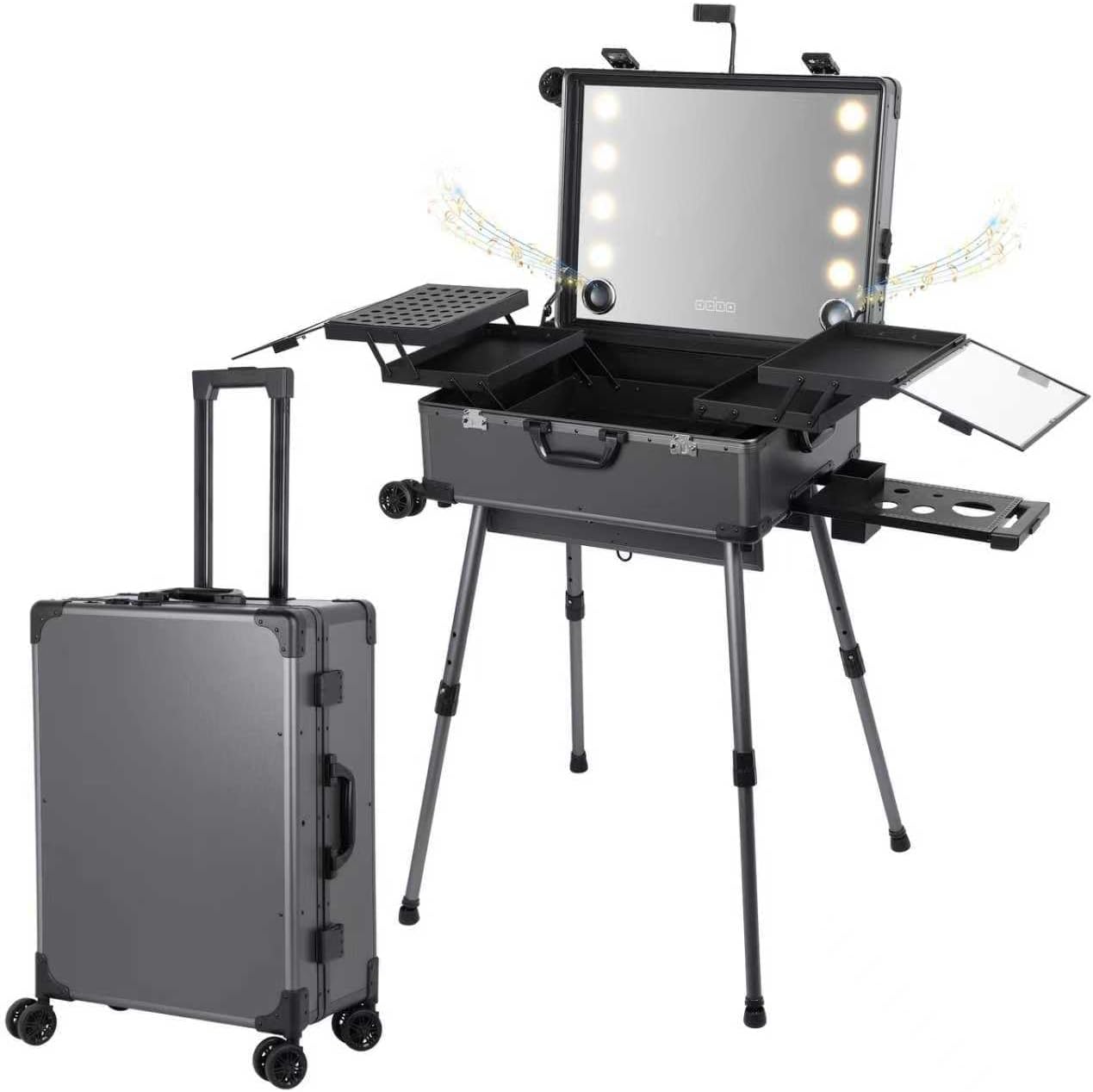 Rolling Makeup Train Case with Lighted Mirror and Bluetooth Speaker Professional Cosmetic Organizer Case with Wheels, Stands Portable Makup Station Vanity for Travel (Gray, Large)