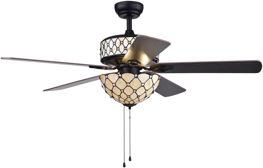 Warehouse of Tiffany CFL-8279BL Tohva 6-Light Ivory Tiffany 5-Blade Matte Black Ceiling Fan, 52'
