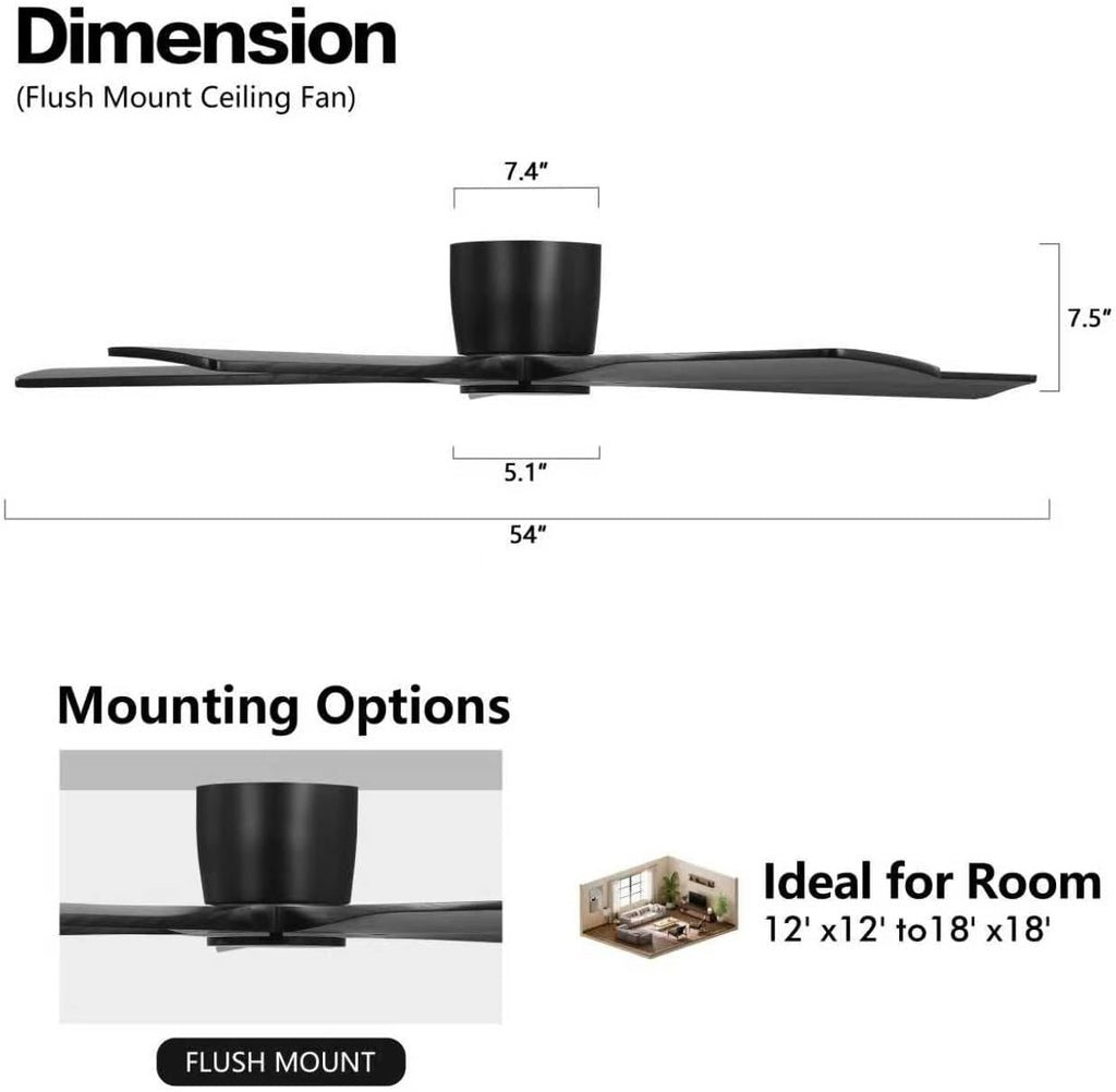 WINGBO 54' Flush Mount DC Ceiling Fans Without Lights, 5 Carved Solid Wood Blades, 6-Speed Reversible DC Motor, Low Profile Hugger Ceiling Fan No Lights for Living Room Bedroom Patio, Matte Black