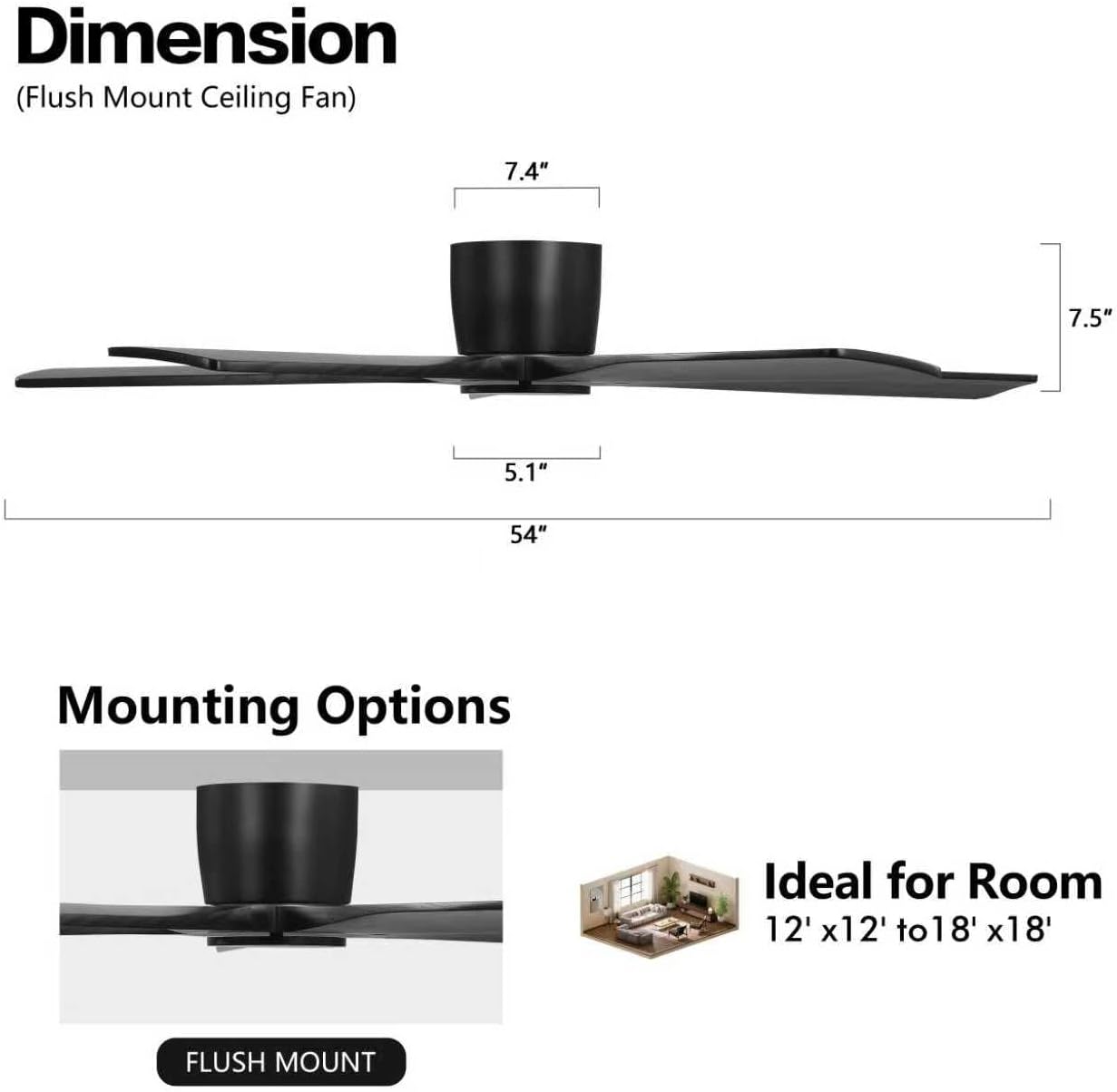 WINGBO 54' Flush Mount DC Ceiling Fans Without Lights, 5 Carved Solid Wood Blades, 6-Speed Reversible DC Motor, Low Profile Hugger Ceiling Fan No Lights for Living Room Bedroom Patio, Matte Black